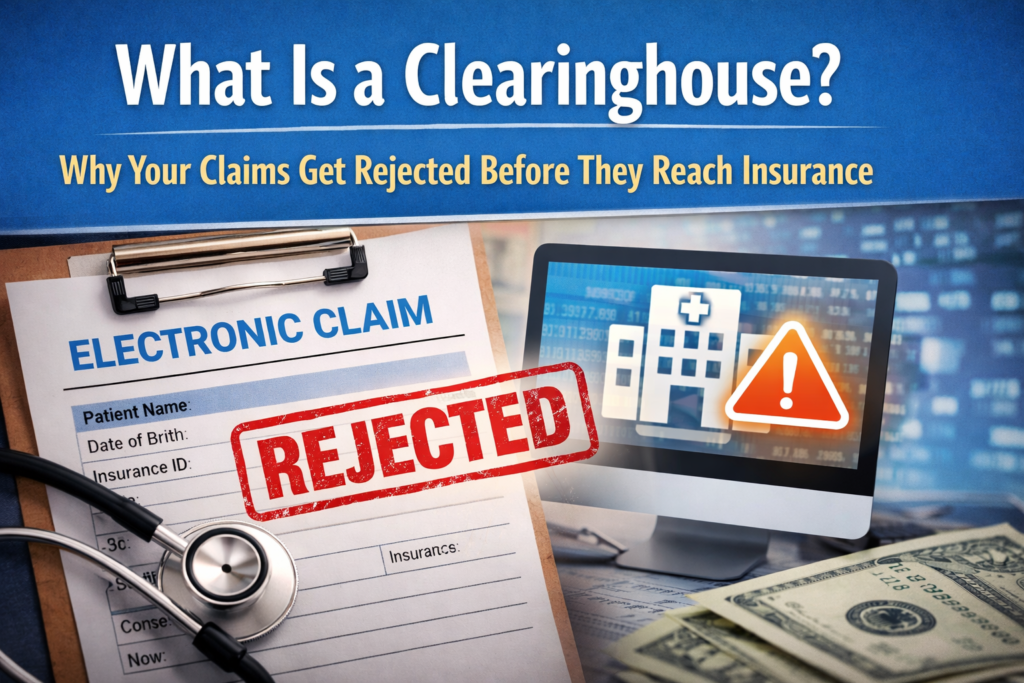 Medical billing clearinghouse claim rejection illustration showing electronic claim form rejected before reaching insurance for physical therapy billing